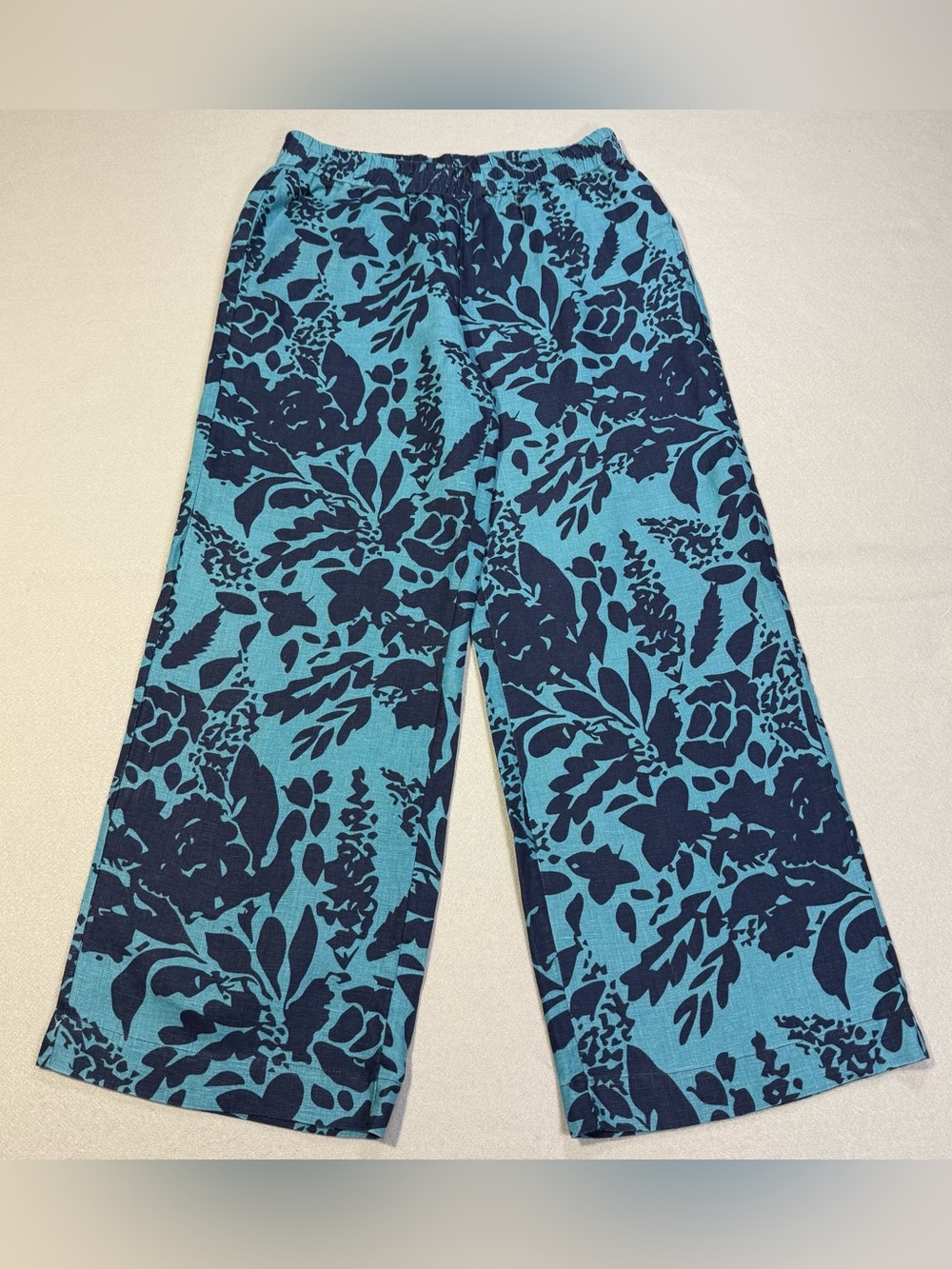 Soft Surroundings 100% Linen Wide Leg Pants Women’s M Blue Floral Pull-On Pocket